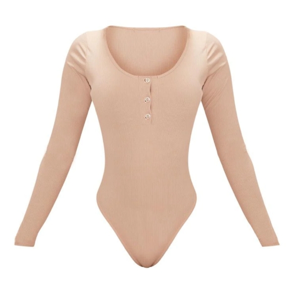 PrettyLittleThing Tops - NWT PLT Shape Stone Ribbed Long Sleeve Bodysuit